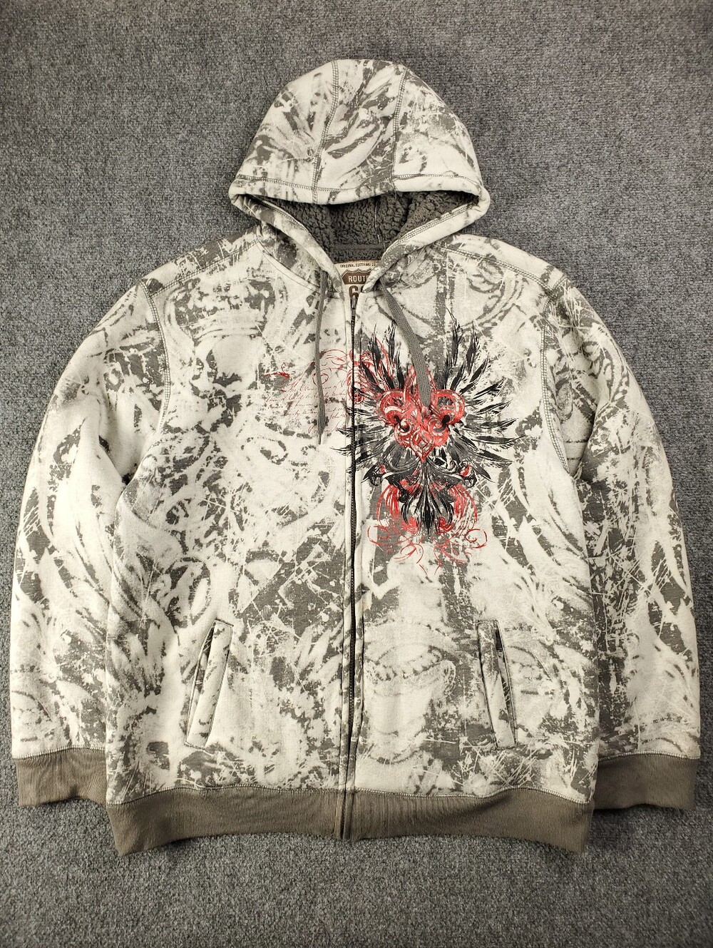 Vintage Y2K Route 66 Sherpa Lined Hoodie XL Zip Up All Over Print AOP Grunge